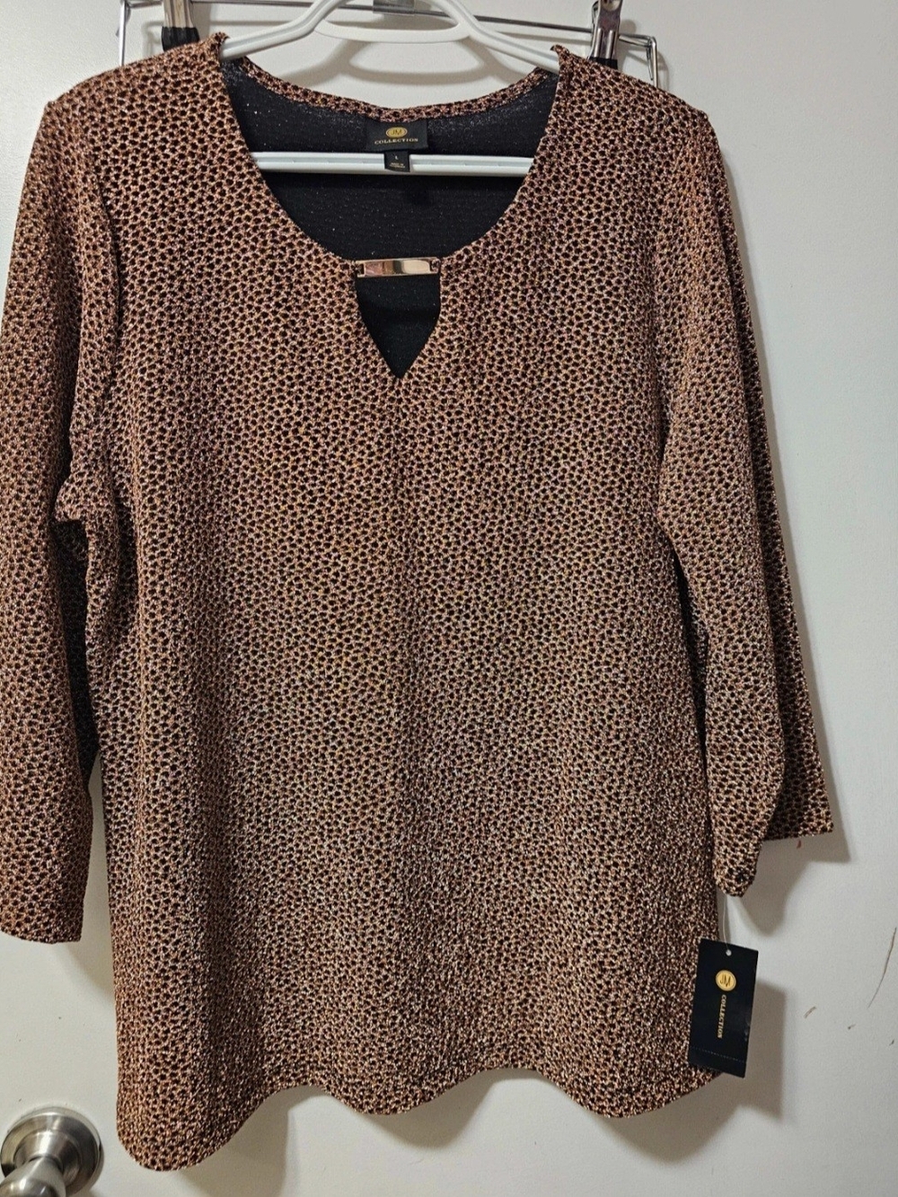 JM Collection Brown Printed Long Sleeve Tunic with Metal Accent Sz. L